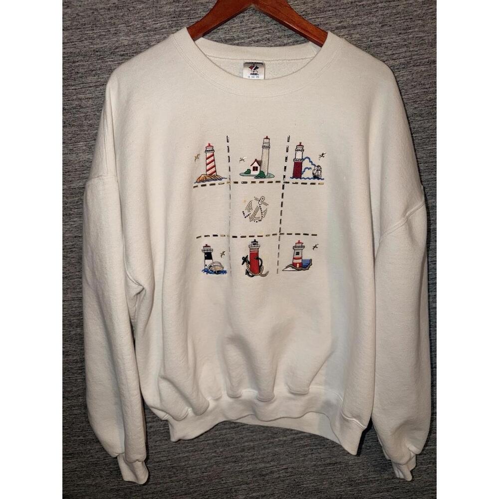 Vintage Jerzees Lighthouse Crewneck Sweatshirt 2XL White Nautical Grandmacore